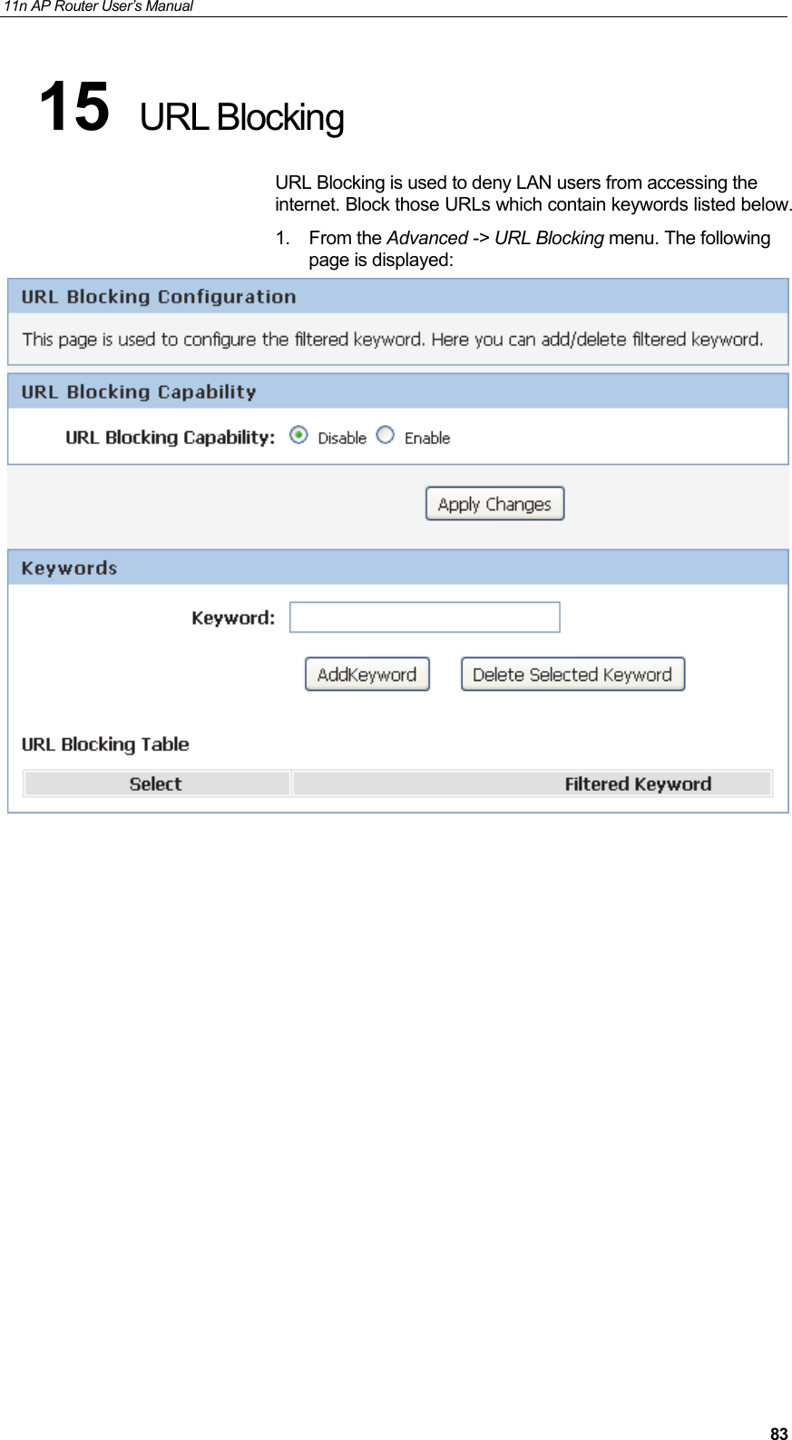 11n AP Router User&rsquo;s Manual     8315  URL Blocking URL Blocking is used to deny LAN users from accessing the internet. Block those URLs which contain keywords listed below. 1. From the Advanced -> URL Blocking menu. The following page is displayed:                   