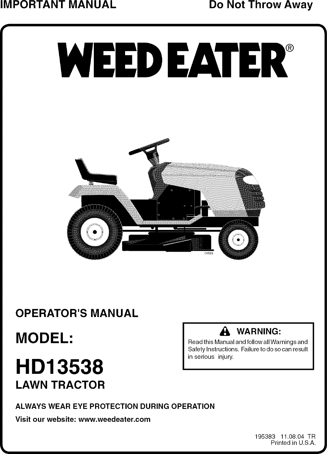 Weed Eater 96016000100 User Manual TRACTOR Manuals And Guides L0605066