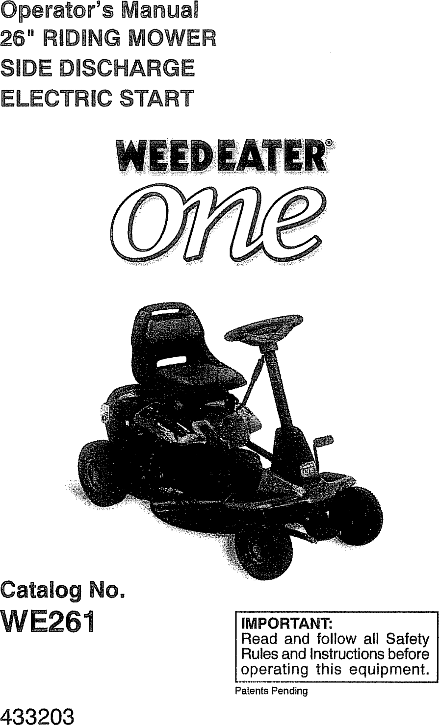 Weed Eater 960240001 User Manual RIDING MOWER Manuals And Guides 1009827L