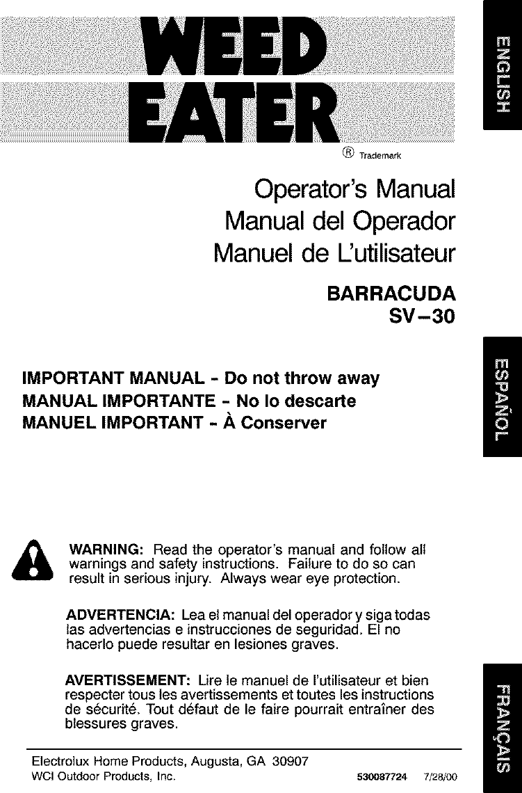 Page 1 of 8 - Weed Eater BARRACUDA SV30 User Manual  BLOWER POWER - Manuals And Guides L0403164