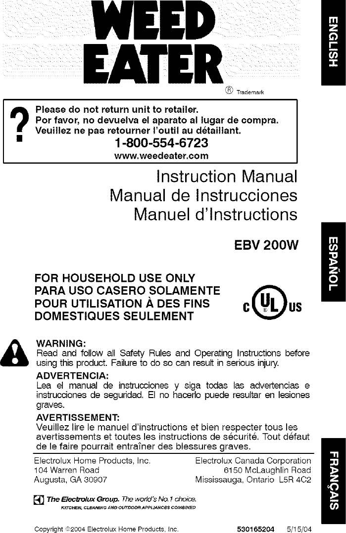 Weed Eater EBV200W User Manual BLOWER Manuals And Guides L0521881