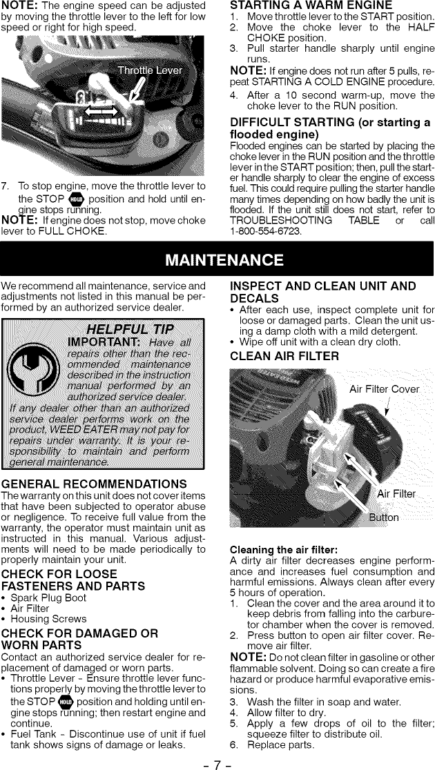 Page 7 of 11 - Weed Eater FB25 User Manual  BLOWER - Manuals And Guides L0905231