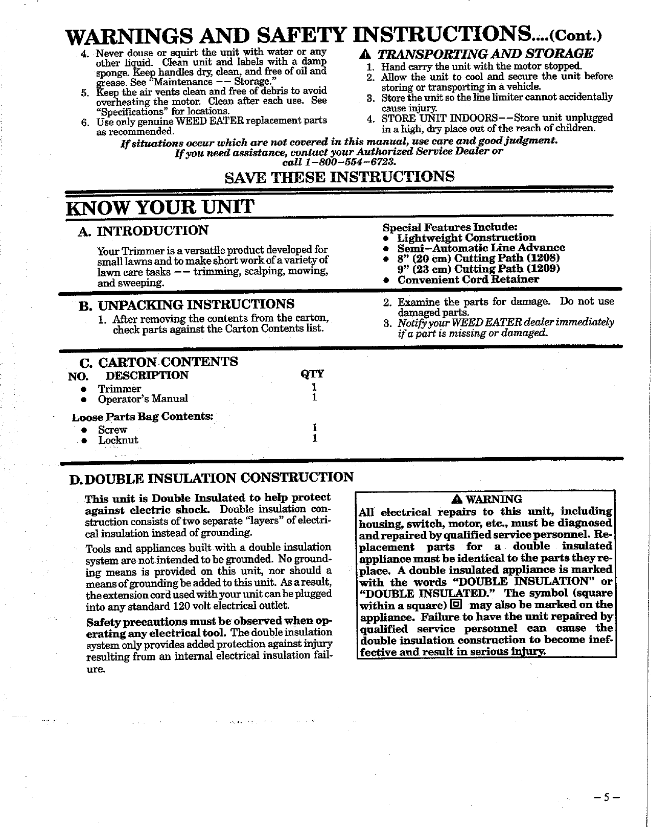 Page 5 of 12 - Weed-Eater Weed-Eater-1209-Operators-Manual- OM, 1208, 1995-01, TRIMMERS/EDGERS  Weed-eater-1209-operators-manual