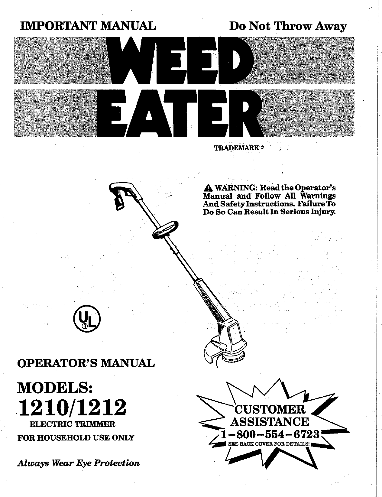 Page 1 of 12 - Weed-Eater Weed-Eater-1212-Operators-Manual- OM, 1212, 1994-04, TRIMMERS/EDGERS, ENGLISH  Weed-eater-1212-operators-manual