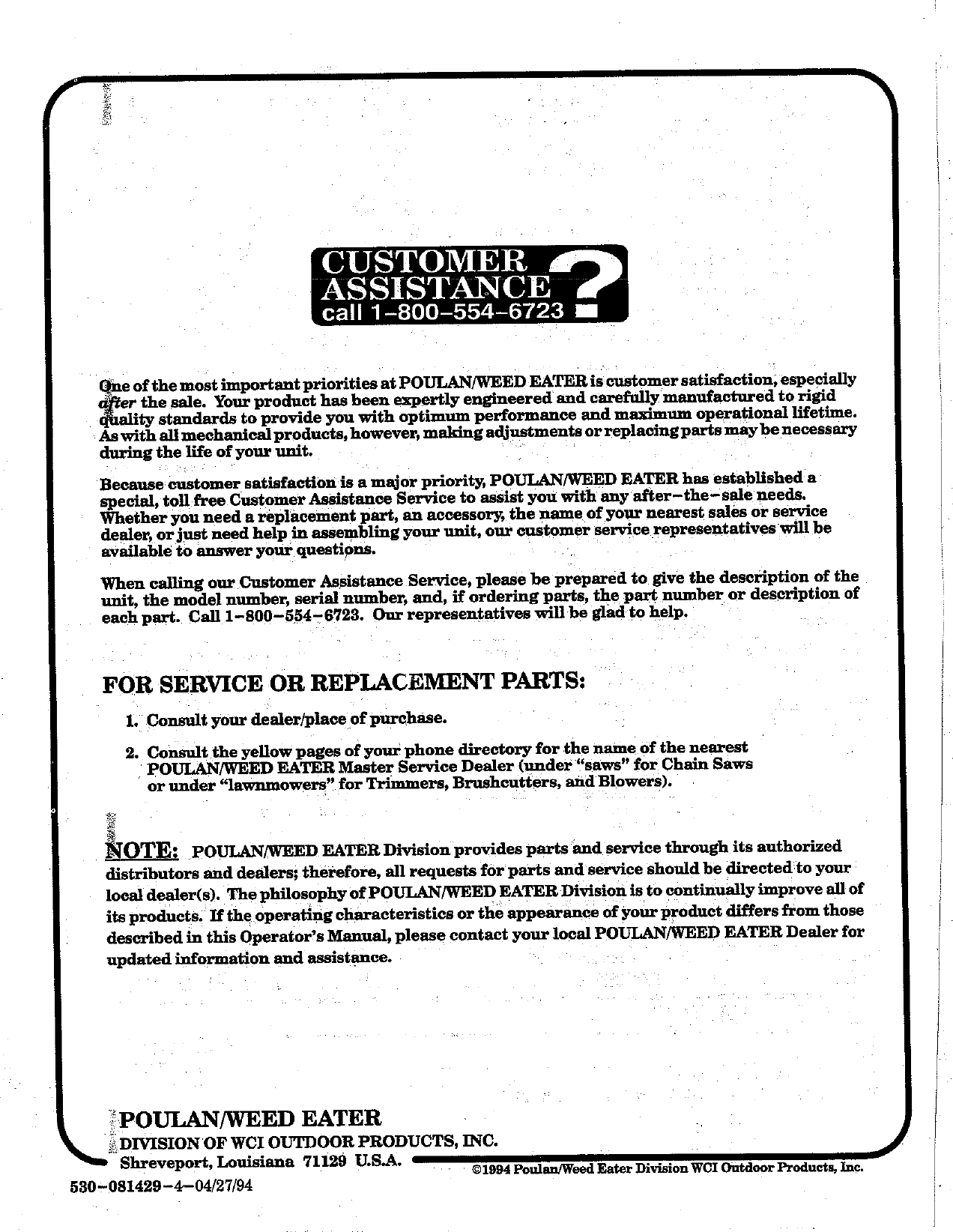 Page 12 of 12 - Weed-Eater Weed-Eater-1212-Operators-Manual- OM, 1212, 1994-04, TRIMMERS/EDGERS, ENGLISH  Weed-eater-1212-operators-manual