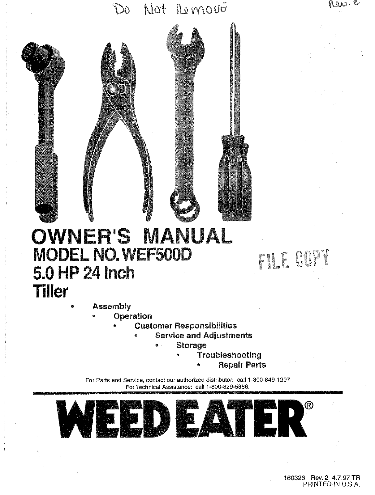 Weed Eater 160326 Owners Manual OM, WEF500D, 1997 04, CULTIVATORS/TILLERS