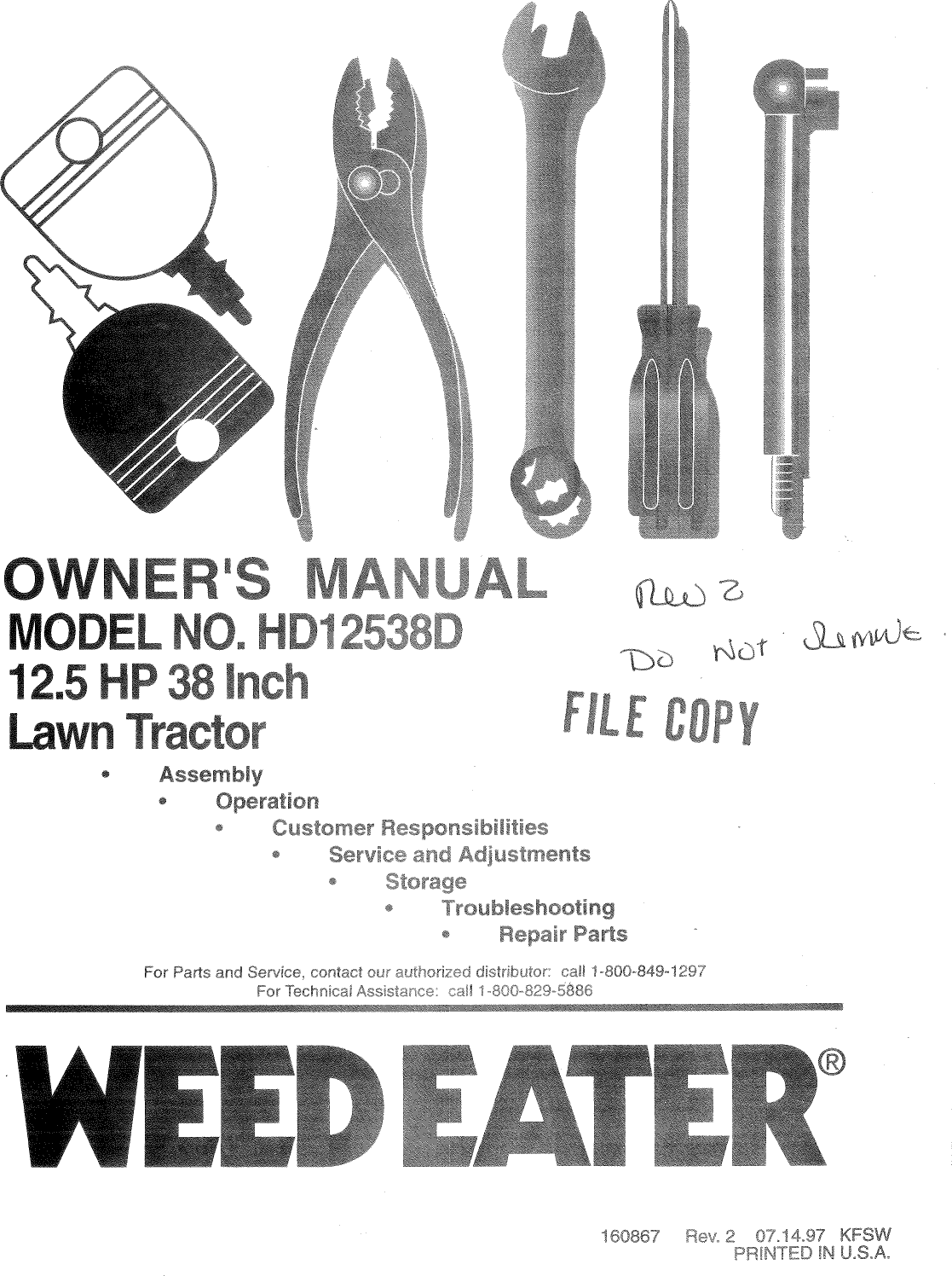 Weed Eater 160867 Owners Manual OM, HD12538D, 1997 07, TRACTORS/RIDE MOWERS