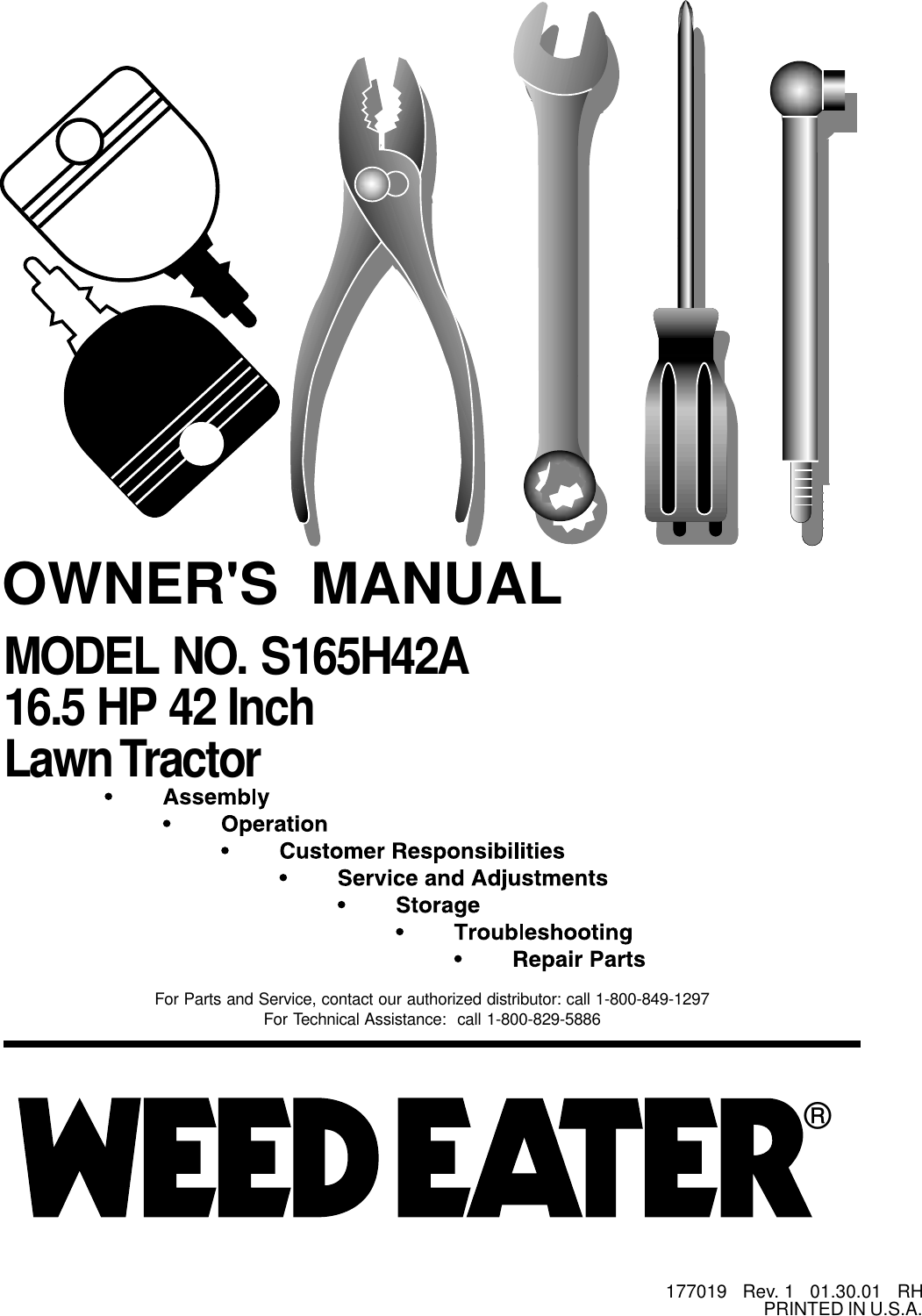 Weed Eater 177019 Owners Manual OM, S165H42A, 2001 01, TRACTORS/RIDE MOWER