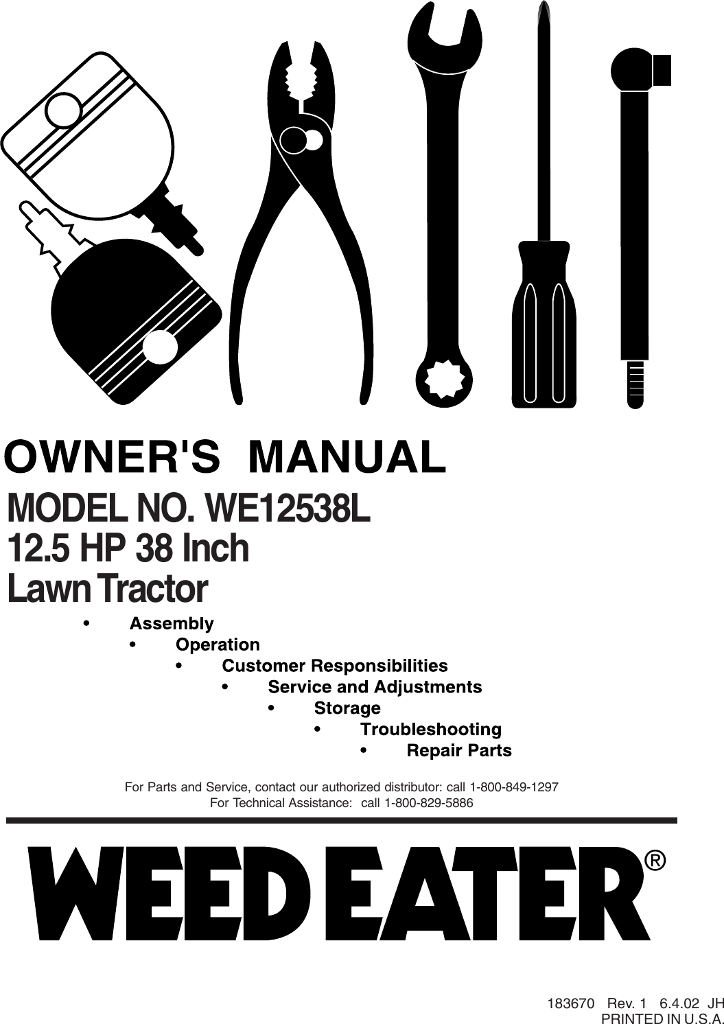 Weed Eater 183670 Owners Manual OM, WE12538L, 2002 06, TRACTORS/RIDE MOWERS