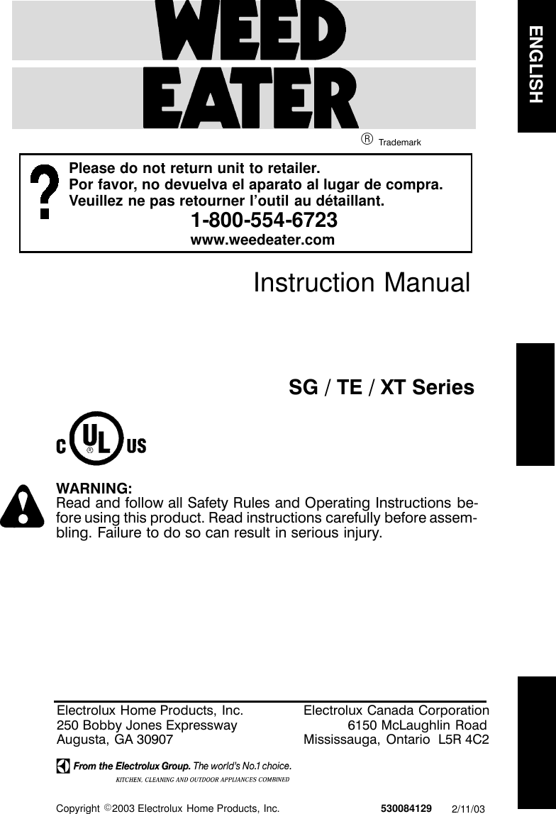 Page 1 of 8 - Weed-Eater Weed-Eater-530084129-Instruction-Manual- OM, SG10, SG12, TE12, TE35, TE40, XT110, XT110S, XT112, 2003-02, TRIMMERS/EDGERS  Weed-eater-530084129-instruction-manual