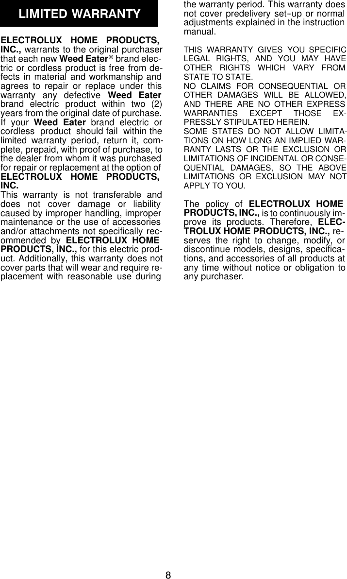 Page 8 of 8 - Weed-Eater Weed-Eater-530084129-Instruction-Manual- OM, SG10, SG12, TE12, TE35, TE40, XT110, XT110S, XT112, 2003-02, TRIMMERS/EDGERS  Weed-eater-530084129-instruction-manual