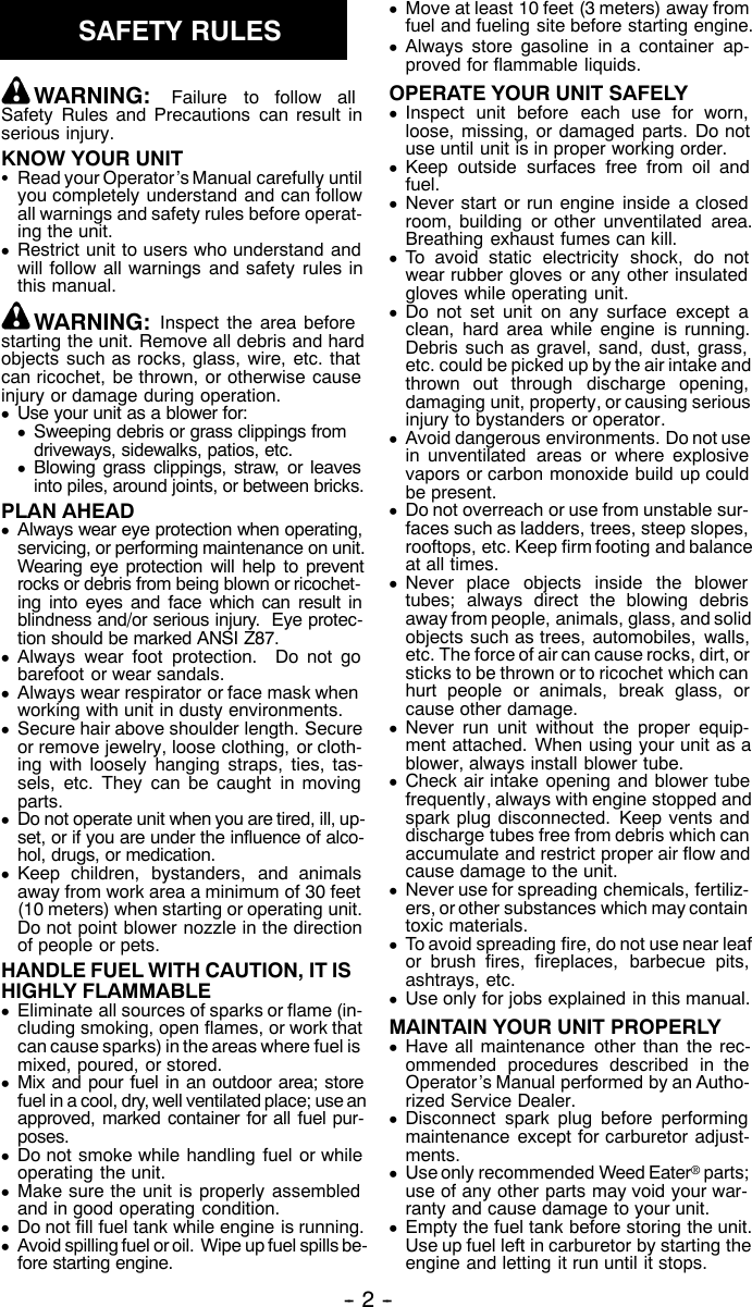 Page 2 of 7 - Weed-Eater Weed-Eater-530086312-Operators-Manual- OM, FL1500 LE, 2002-04, BLOWERS  Weed-eater-530086312-operators-manual