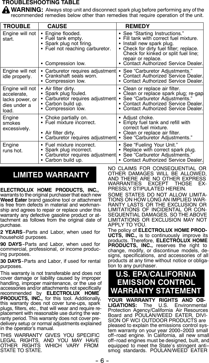 Page 6 of 7 - Weed-Eater Weed-Eater-530086312-Operators-Manual- OM, FL1500 LE, 2002-04, BLOWERS  Weed-eater-530086312-operators-manual