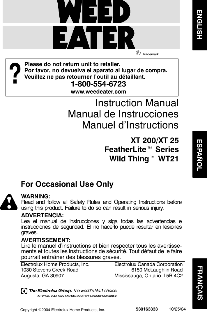 Page 1 of 11 - Weed-Eater Weed-Eater-530163333-Instruction-Manual- OM, FEATHERLITE, FEATHERLITE PLUS, XT200, 2004-10, TRIMMERS/EDGERS, 952711334, 952711424, 952711432, 952711458, 952711768  Weed-eater-530163333-instruction-manual