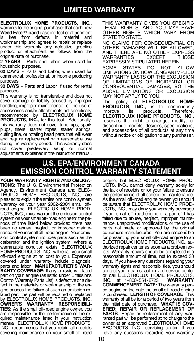 Page 10 of 11 - Weed-Eater Weed-Eater-530163333-Instruction-Manual- OM, FEATHERLITE, FEATHERLITE PLUS, XT200, 2004-10, TRIMMERS/EDGERS, 952711334, 952711424, 952711432, 952711458, 952711768  Weed-eater-530163333-instruction-manual