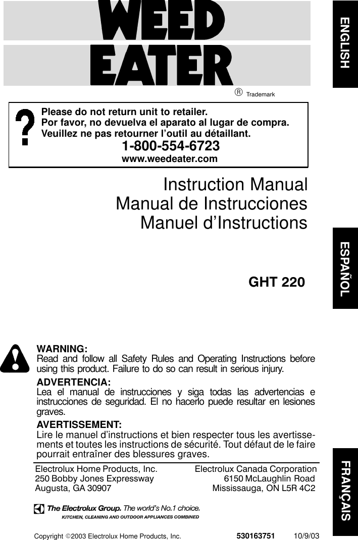Page 1 of 10 - Weed-Eater Weed-Eater-530163751-Instruction-Manual- OM, GHT 220, 2003-10, HEDGE TRIMMERS/POLE TRIMMERS  Weed-eater-530163751-instruction-manual