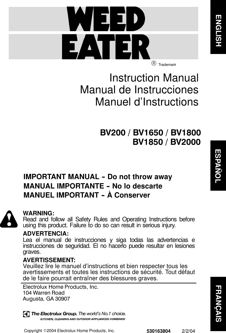 Page 1 of 11 - Weed-Eater Weed-Eater-530163804-Instruction-Manual- OM, BV200, BV1650, BV1800, BV1850, BV2000, 2004-02, BLOWERS  Weed-eater-530163804-instruction-manual