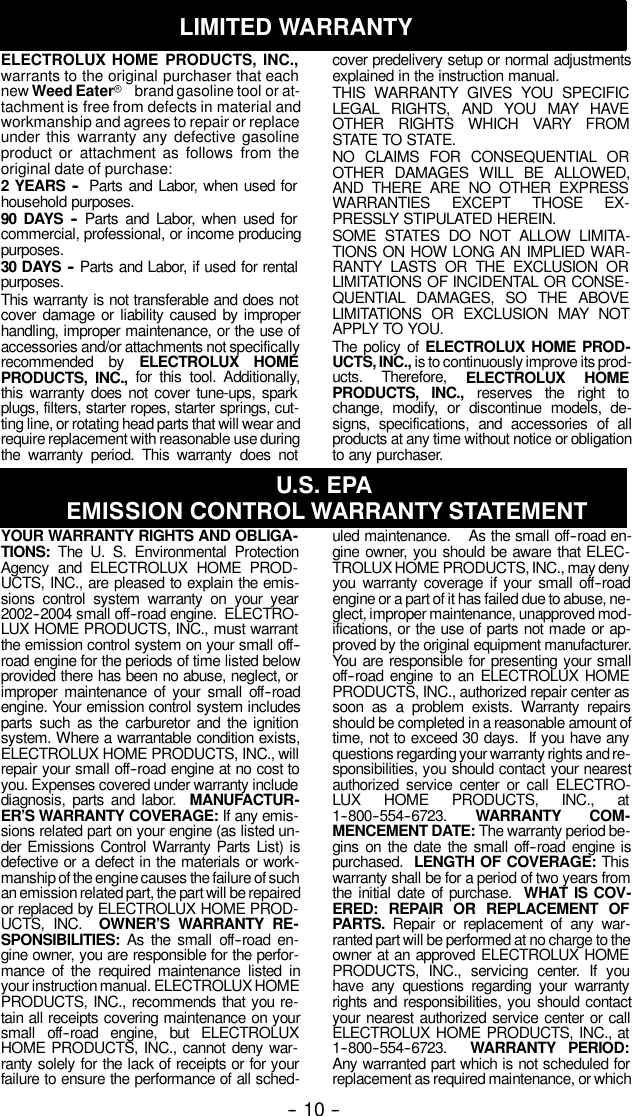 Page 10 of 11 - Weed-Eater Weed-Eater-530163804-Instruction-Manual- OM, BV200, BV1650, BV1800, BV1850, BV2000, 2004-02, BLOWERS  Weed-eater-530163804-instruction-manual