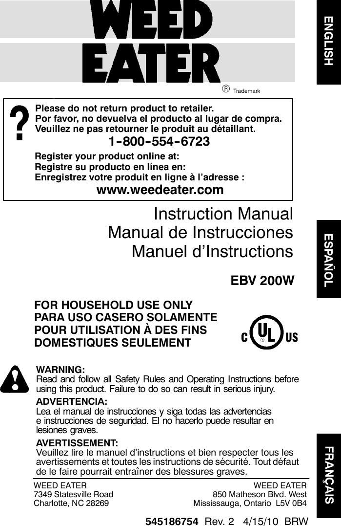 Page 1 of 10 - Weed-Eater Weed-Eater-545186754-Instruction-Manual- OM, EBV200W, 2010-04, BLOWERS, 952711852  Weed-eater-545186754-instruction-manual