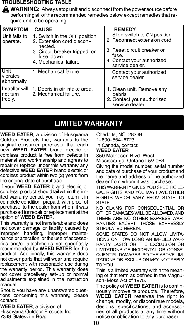 Weed Eater 545186754 Instruction Manual OM, EBV200W, 2010 04, BLOWERS, 952711852