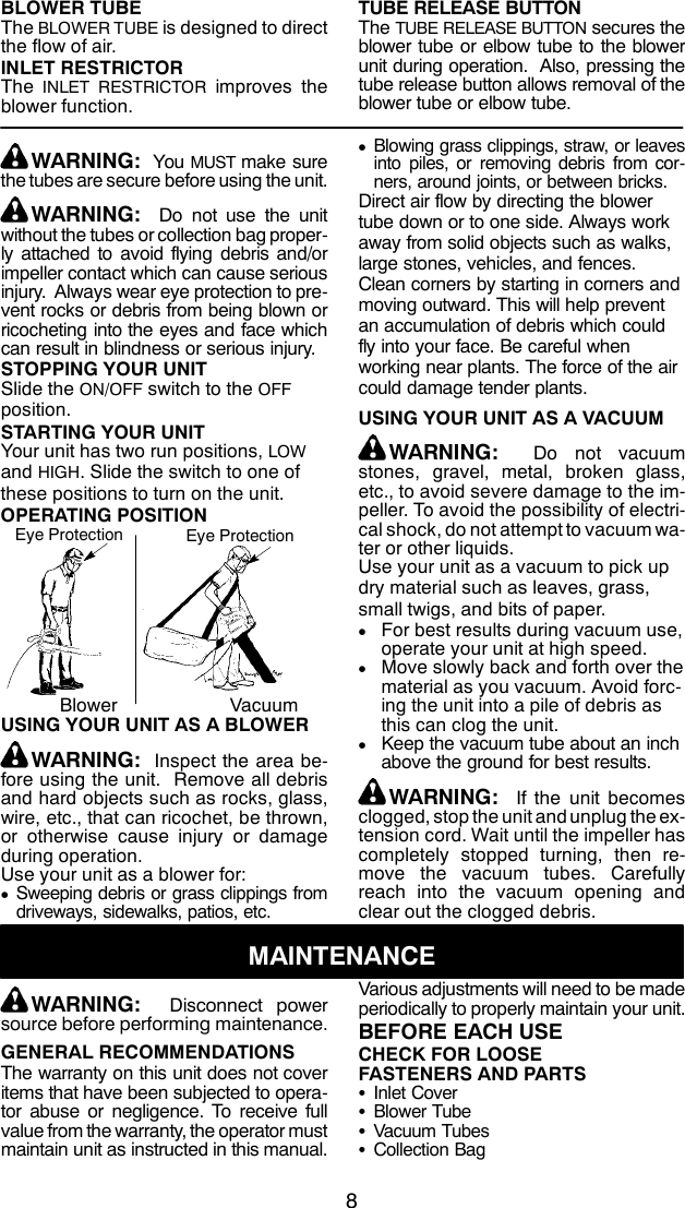 Weed Eater 545186754 Instruction Manual OM, EBV200W, 2010 04, BLOWERS, 952711852