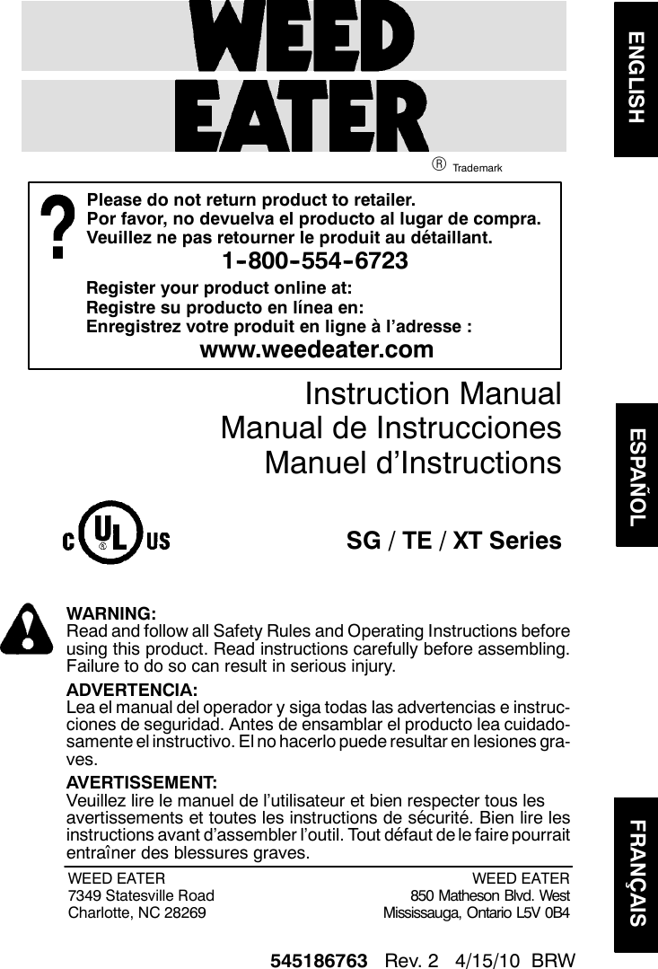 Page 1 of 8 - Weed-Eater Weed-Eater-545186763-Instruction-Manual- OM, SG10, SG11, SG12, SG14, XT110, XT112, XT110S, XT114, 2010-04, TRIMMERS, 952711325, 952711326, 952711328, 952711329, 95271133  Weed-eater-545186763-instruction-manual