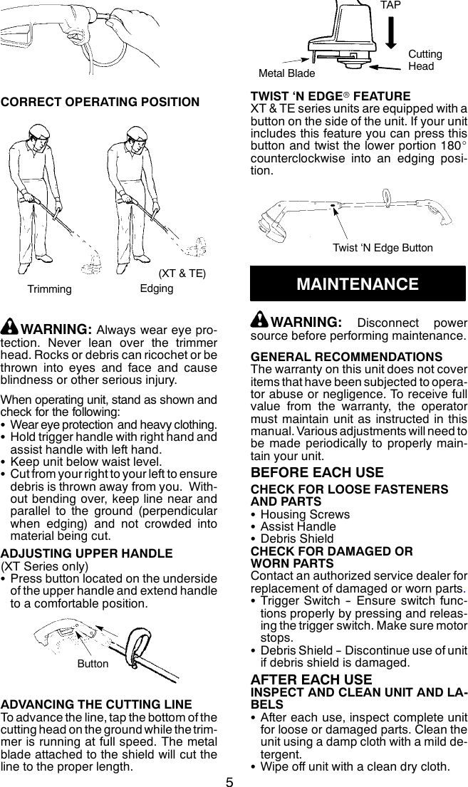 Page 5 of 8 - Weed-Eater Weed-Eater-545186763-Instruction-Manual- OM, SG10, SG11, SG12, SG14, XT110, XT112, XT110S, XT114, 2010-04, TRIMMERS, 952711325, 952711326, 952711328, 952711329, 95271133  Weed-eater-545186763-instruction-manual