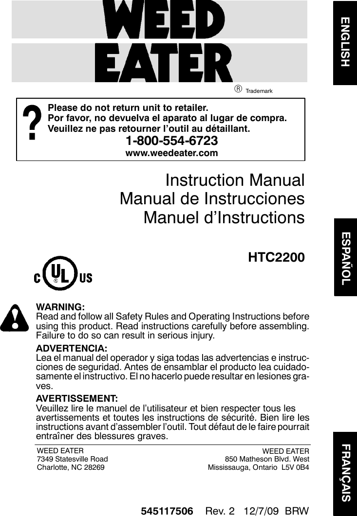 Page 1 of 10 - Weed-Eater Weed-Eater-952711899-Instruction-Manual- OM, HTC2200, 2010-07, HEDGE TRIMMERS/POLE TRIMMERS, 952711899, ENGLISH  Weed-eater-952711899-instruction-manual