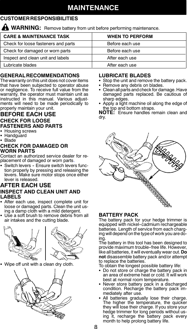 Page 8 of 10 - Weed-Eater Weed-Eater-952711899-Instruction-Manual- OM, HTC2200, 2010-07, HEDGE TRIMMERS/POLE TRIMMERS, 952711899, ENGLISH  Weed-eater-952711899-instruction-manual