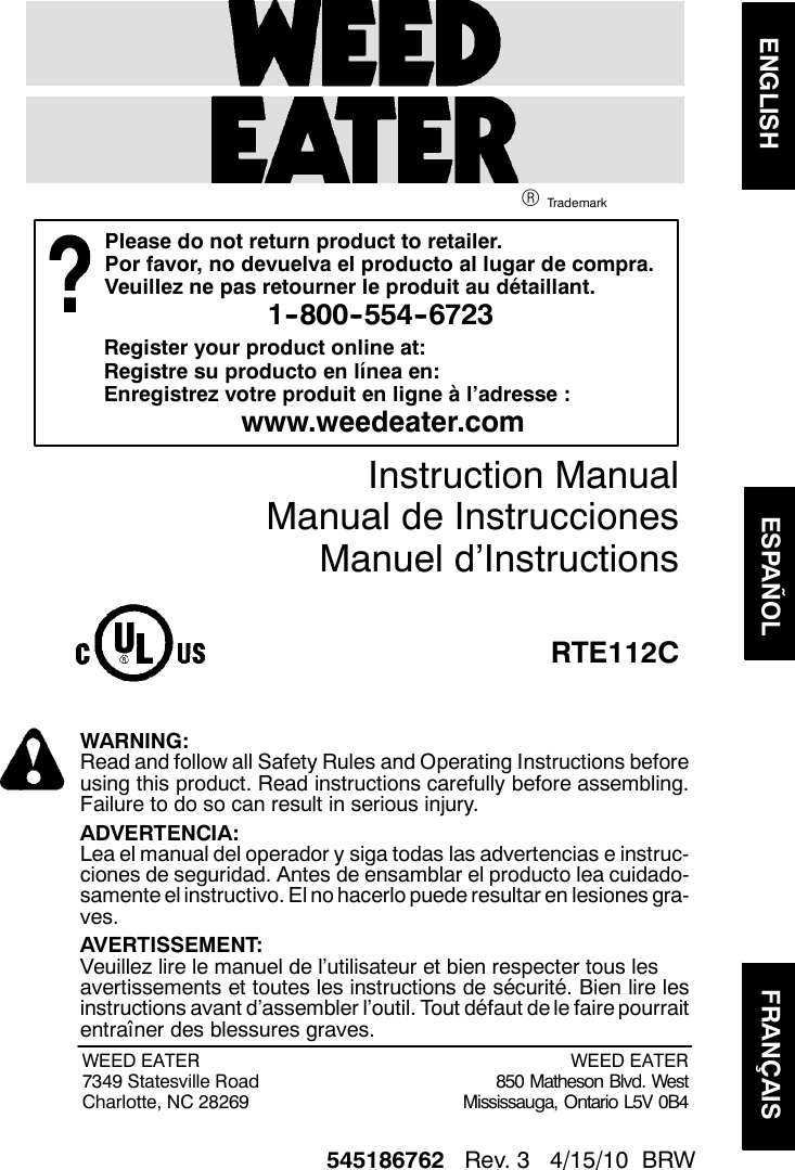 Page 1 of 10 - Weed-Eater Weed-Eater-952711905-Instruction-Manual- OM, RTE112C, 2010-04, TRIMMERS, 952711905  Weed-eater-952711905-instruction-manual