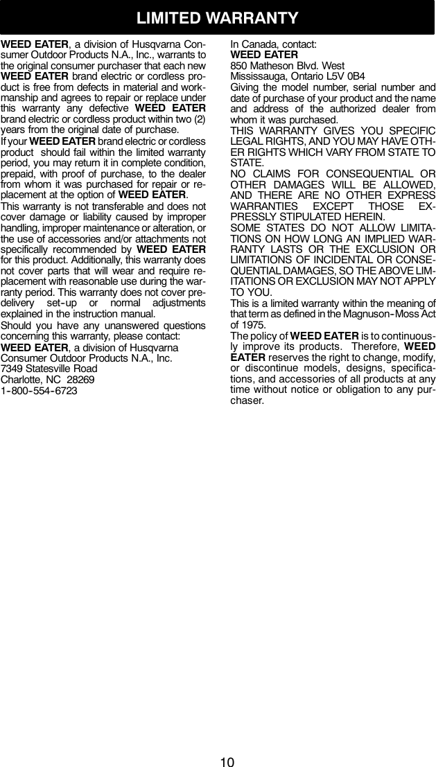 Page 10 of 10 - Weed-Eater Weed-Eater-952711905-Instruction-Manual- OM, RTE112C, 2010-04, TRIMMERS, 952711905  Weed-eater-952711905-instruction-manual