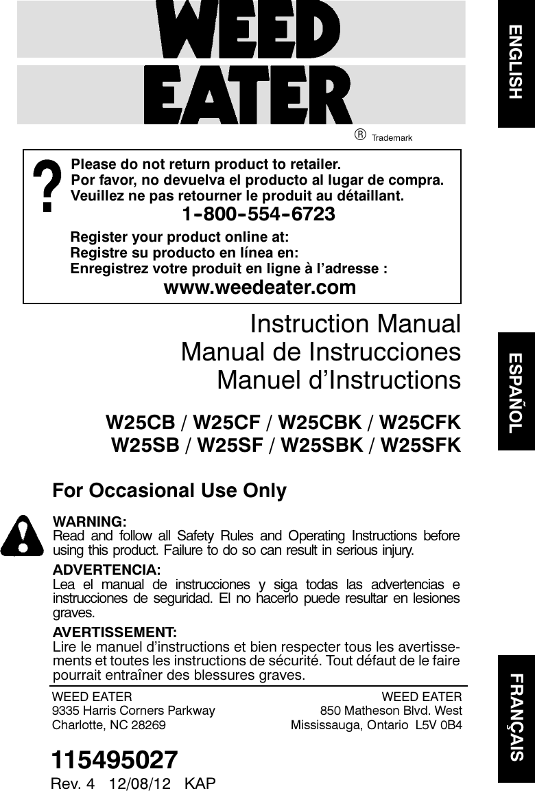 Weed Eater W25Cb Users Manual OM, WEEDEATER, W25CB/W25CF/W25CBK 