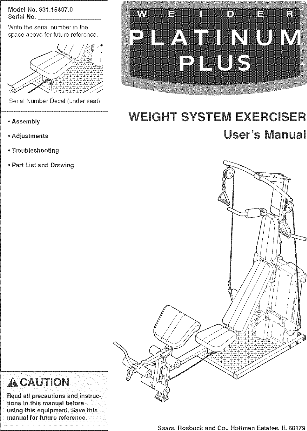 Weider 831154070 User Manual PLATINUM PLUS Manuals And Guides L0520986
