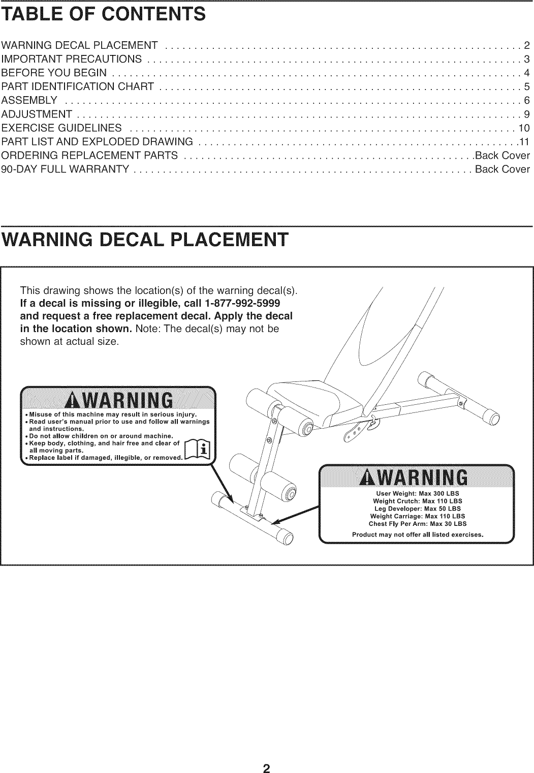 Page 2 of 12 - Weider 831159060 User Manual  PRO 255L - Manuals And Guides 1008634L