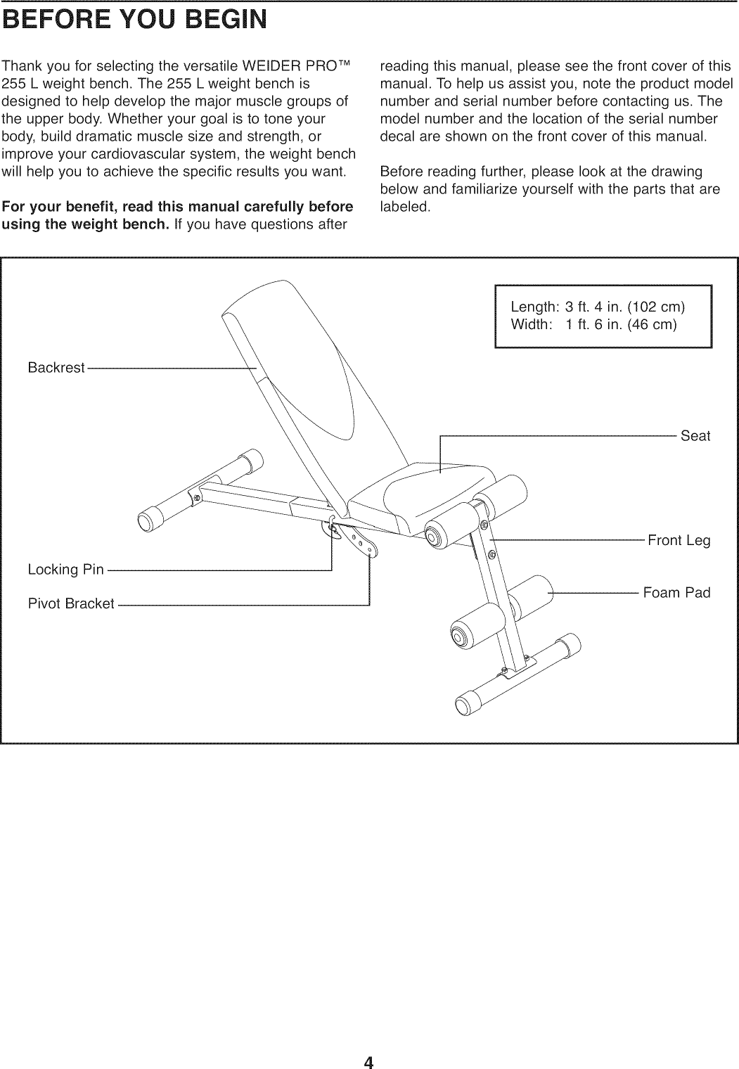 Page 4 of 12 - Weider 831159060 User Manual  PRO 255L - Manuals And Guides 1008634L