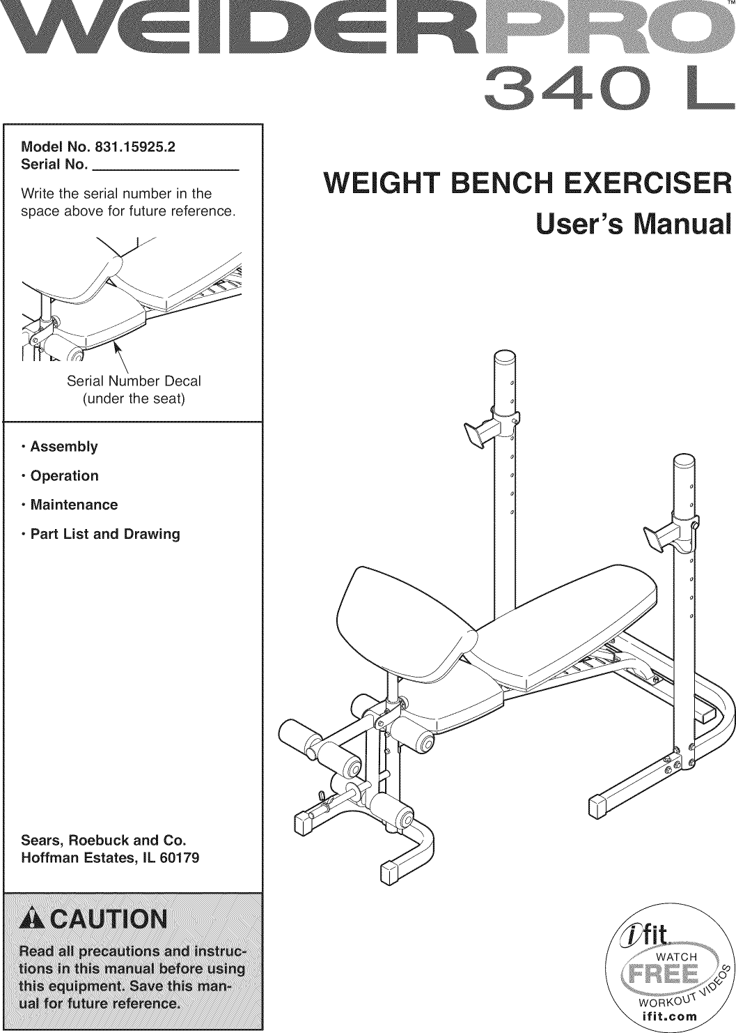 Weider 831159252 User Manual WEIGHT BENCH Manuals And Guides 1101401L