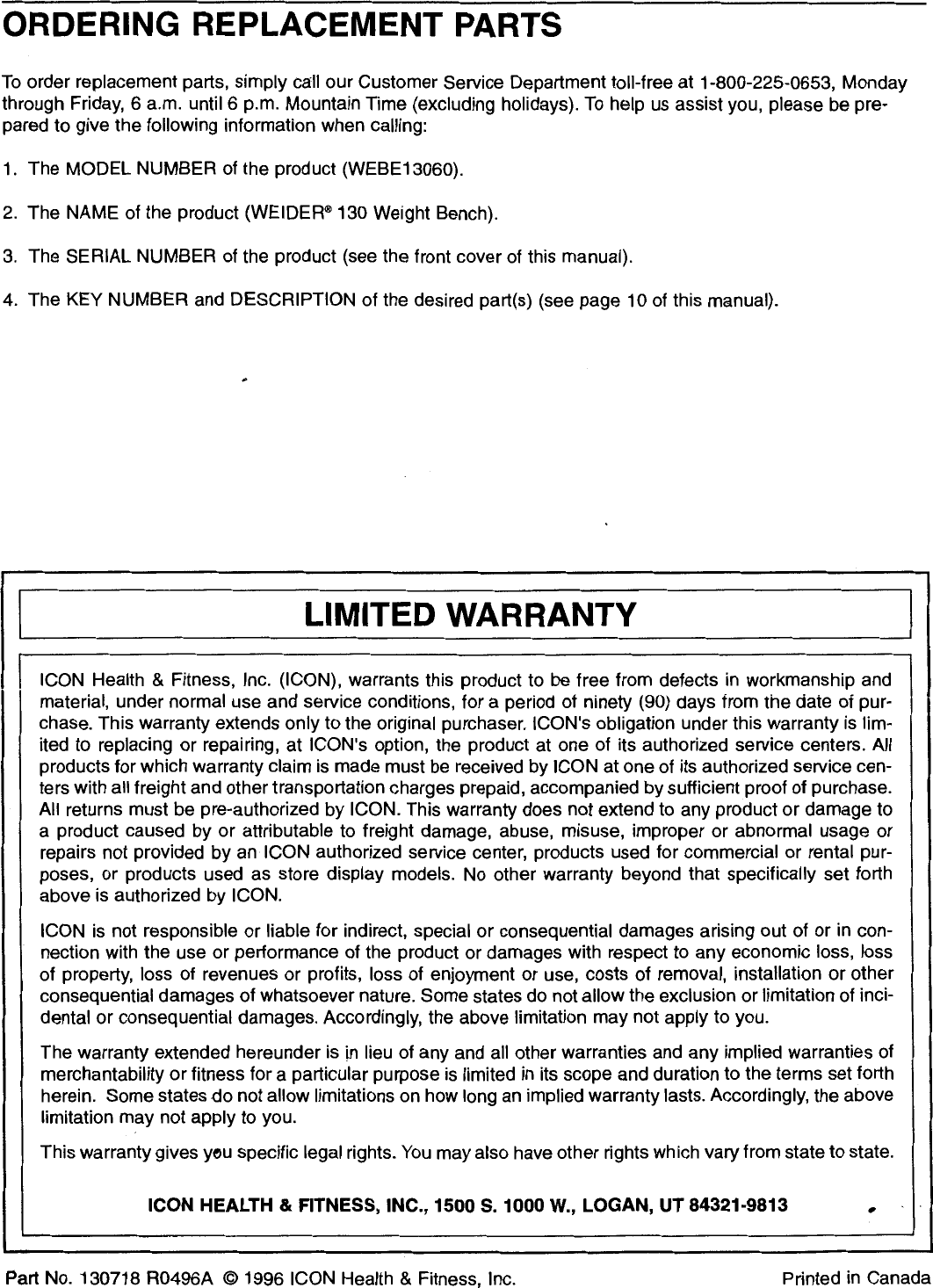 Page 12 of 12 - Weider Weider-130-Bench-Webe1306-Users-Manual-  Weider-130-bench-webe1306-users-manual