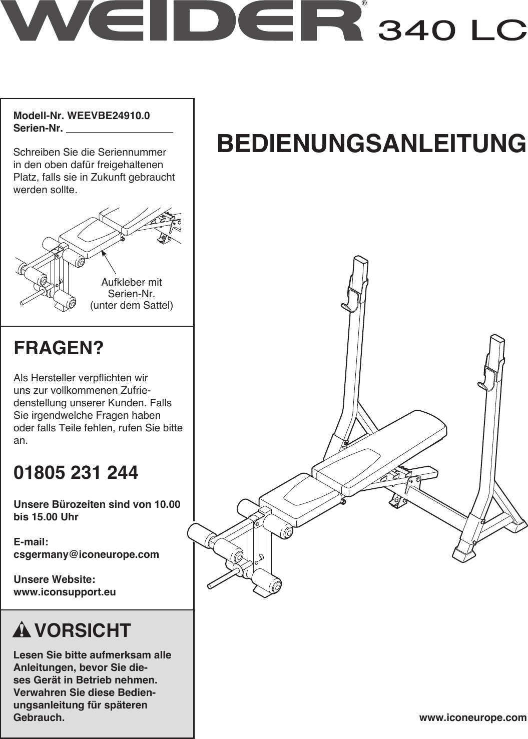 Weider 340 Lc Bench Weevbe24910 Users Manual