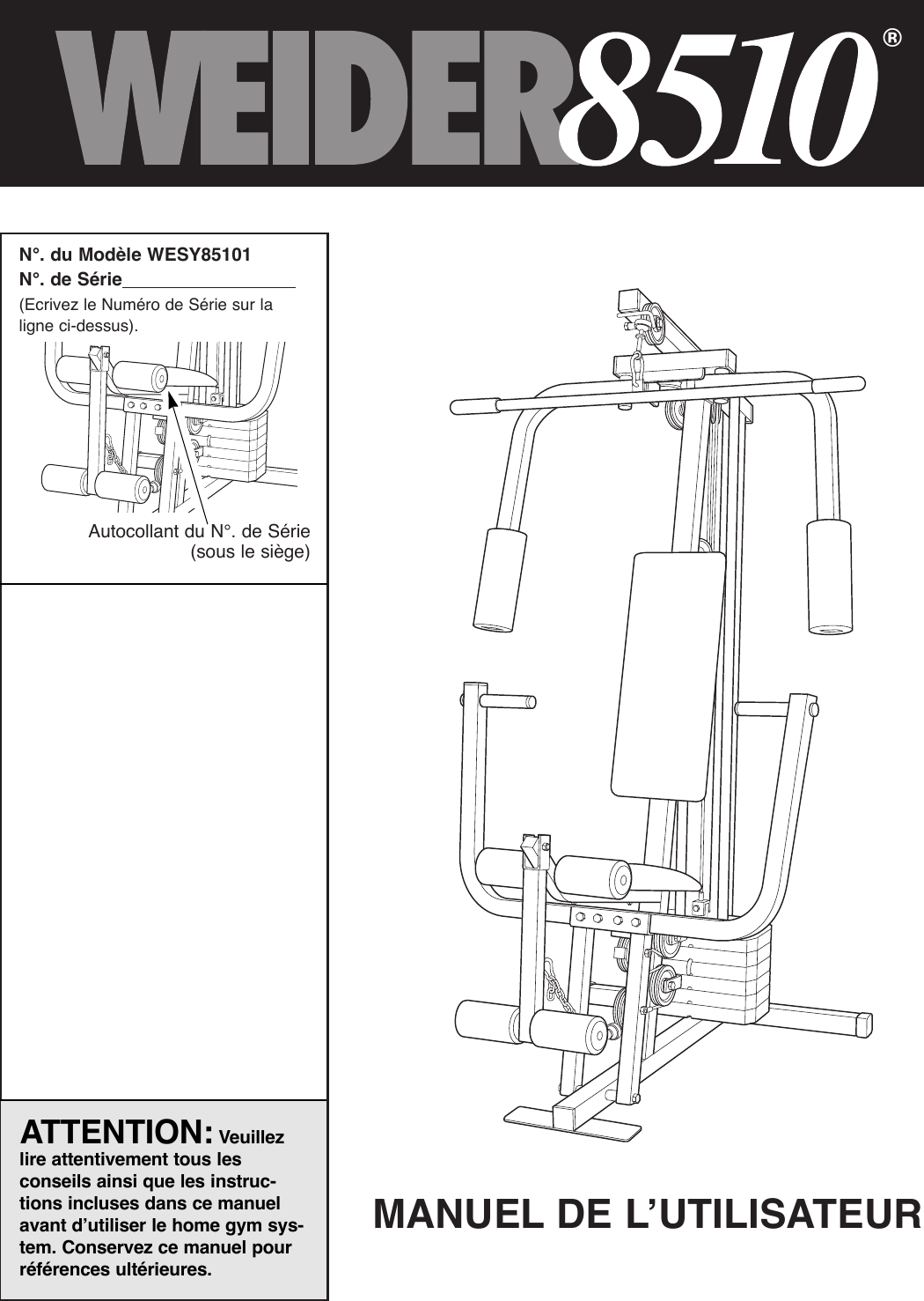 Weider 8510 System Wesy8510 Users Manual *WESY85101Ð140252 (FR)