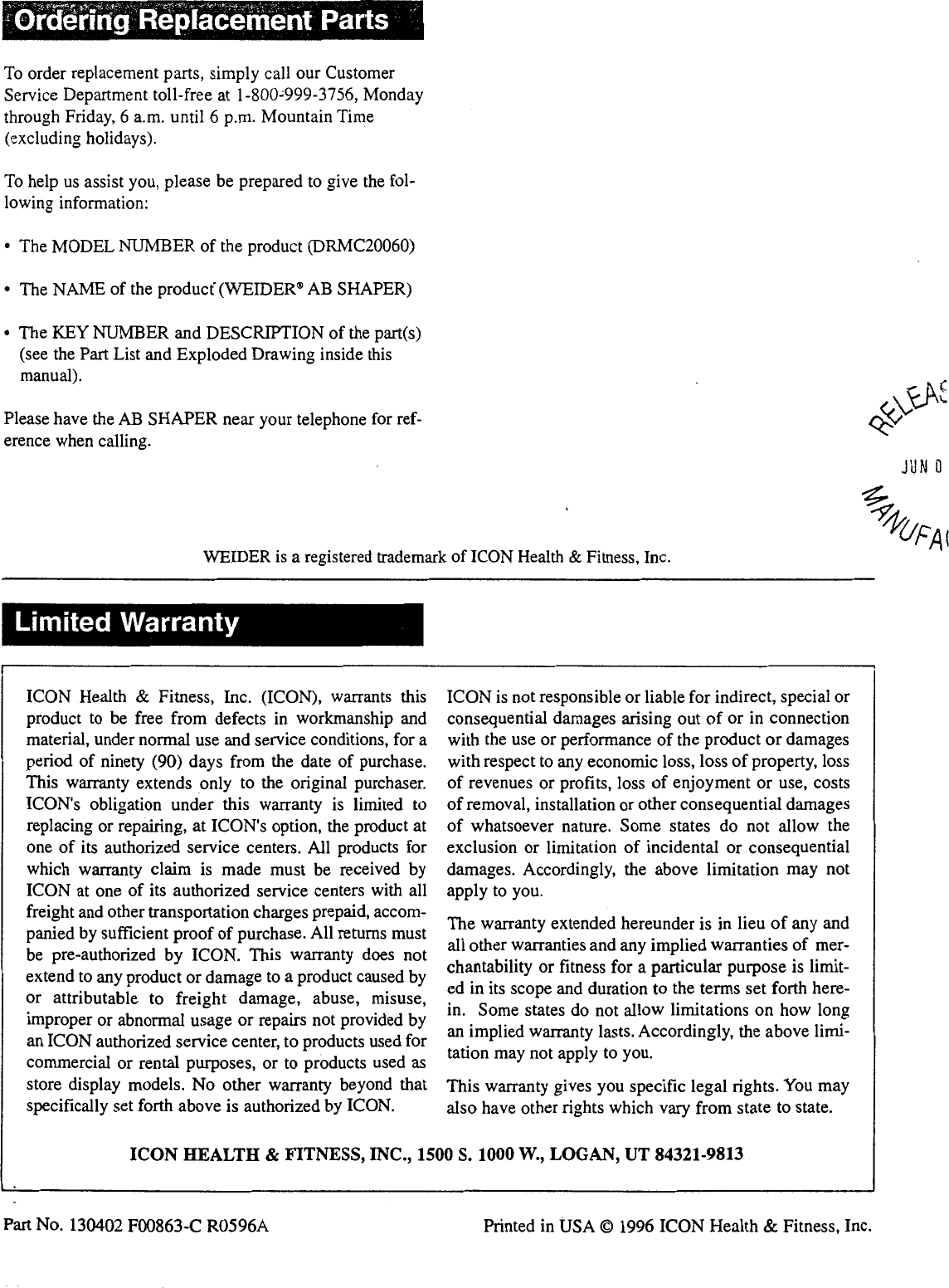 Page 8 of 8 - Weider Weider-Ab-Shaper-Drmc2006-Users-Manual-  Weider-ab-shaper-drmc2006-users-manual