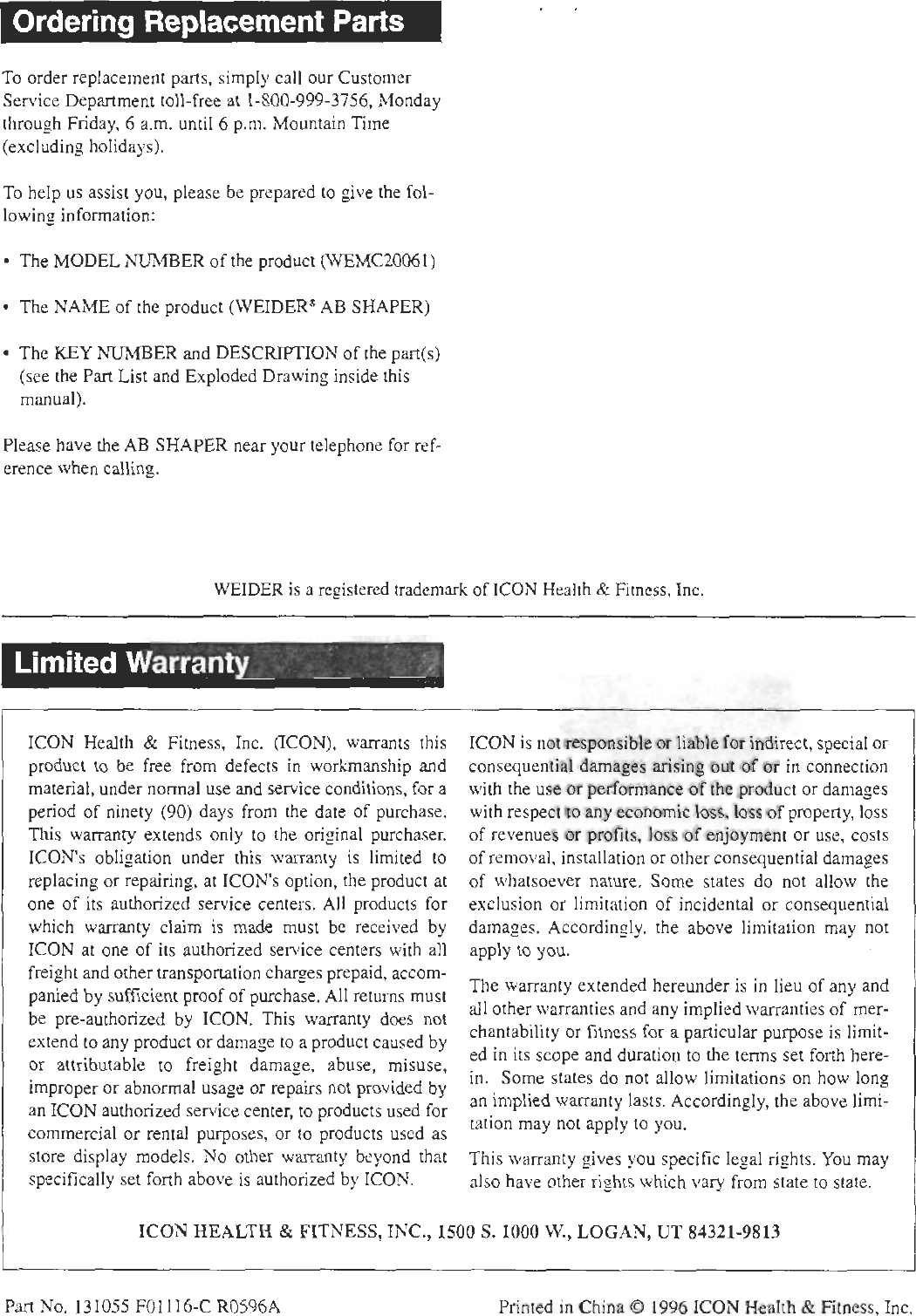 Page 8 of 8 - Weider Weider-Ab-Shaper-Wemc2006-Users-Manual-  Weider-ab-shaper-wemc2006-users-manual