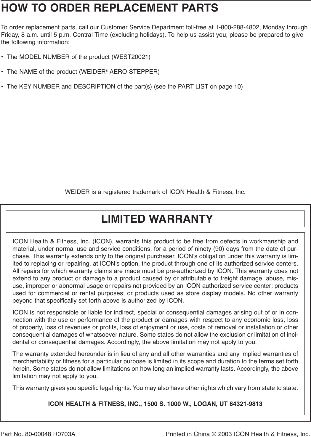 Page 12 of 12 - Weider Weider-Aerostepper-West2002-Users-Manual- 285430  Weider-aerostepper-west2002-users-manual