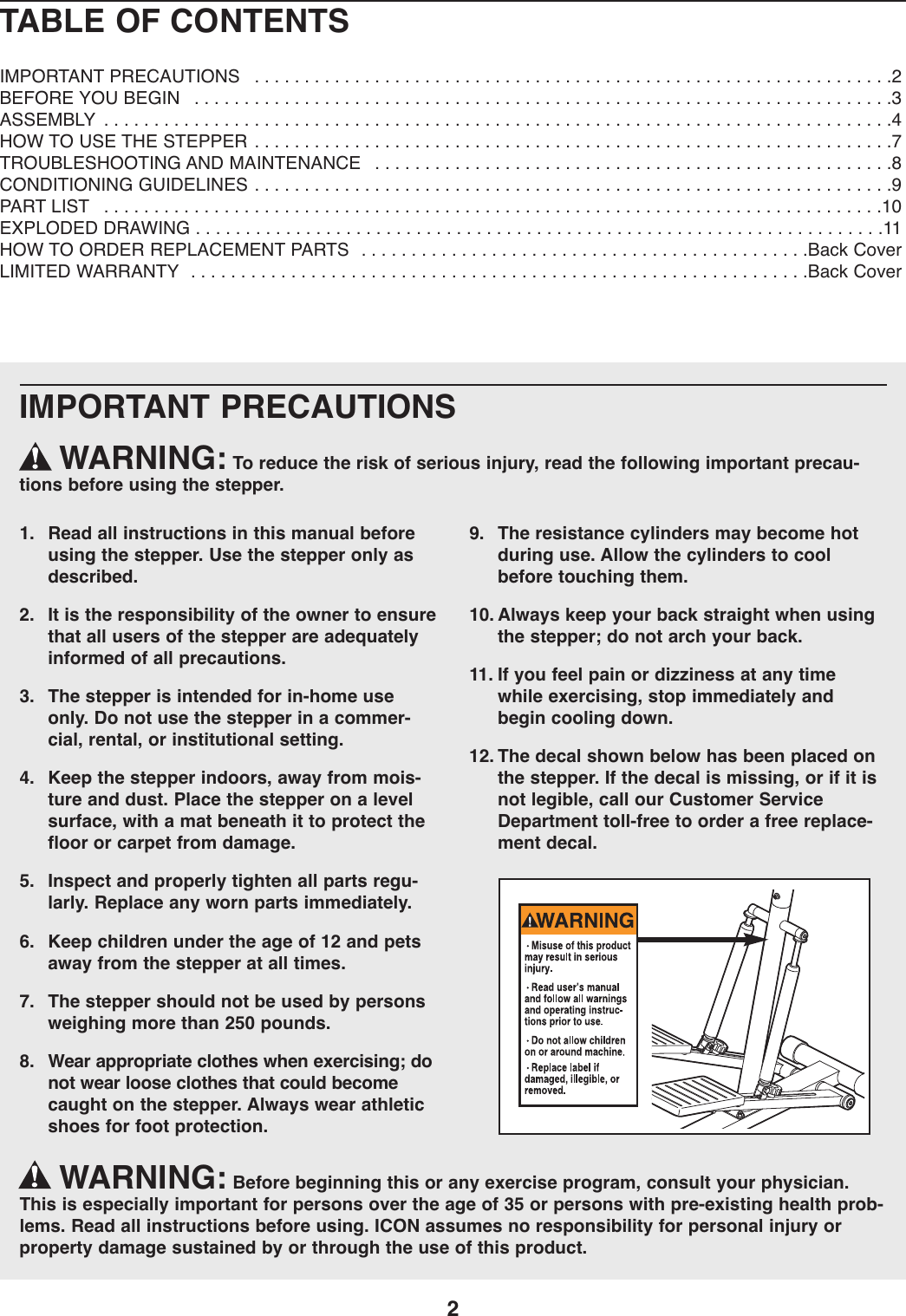 Page 2 of 12 - Weider Weider-Aerostepper-West2002-Users-Manual- 285430  Weider-aerostepper-west2002-users-manual