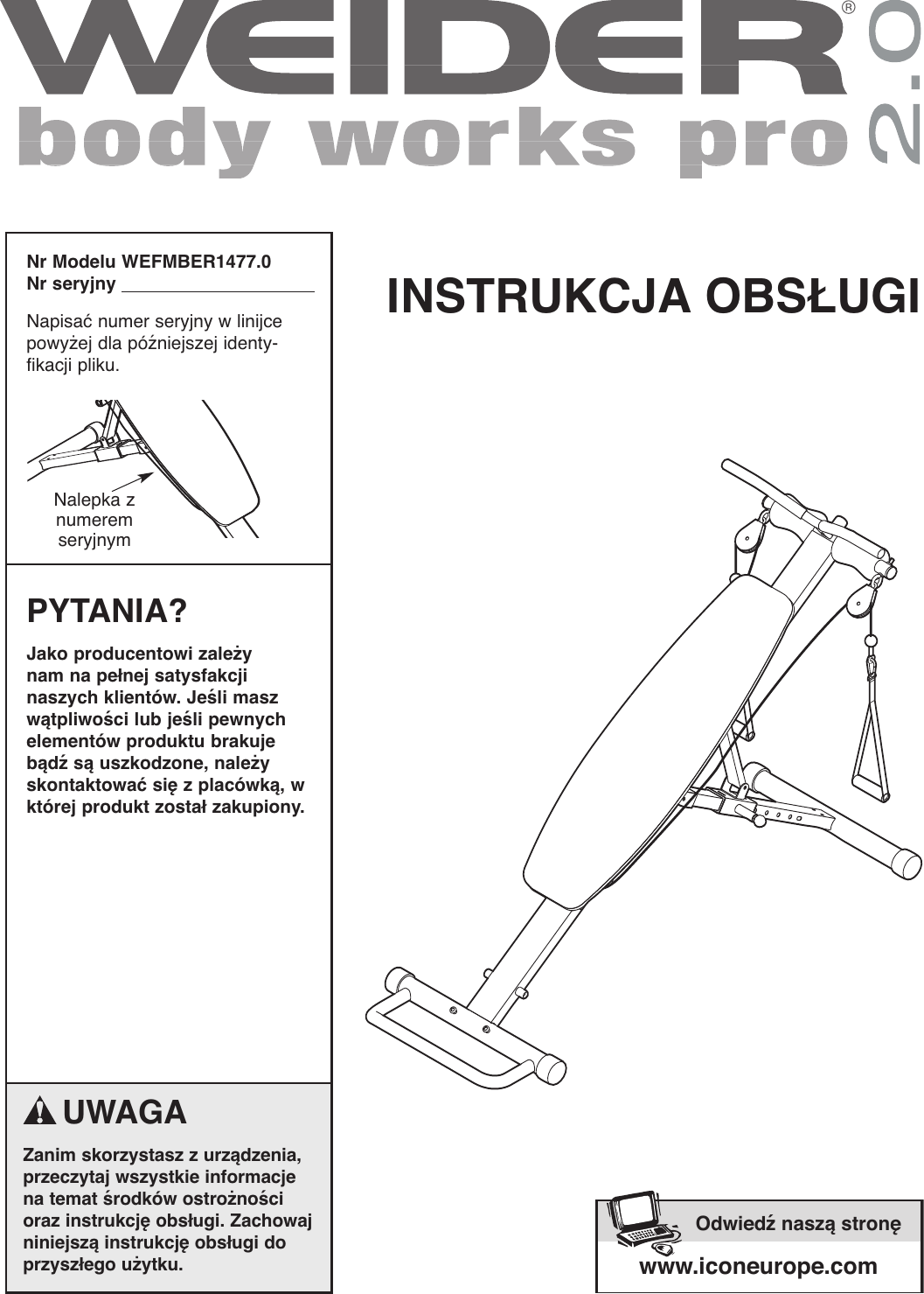 Weider Body Works Pro 2 0 Bench Wefmbe1477 Users Manual *WEFMBE14010 ...