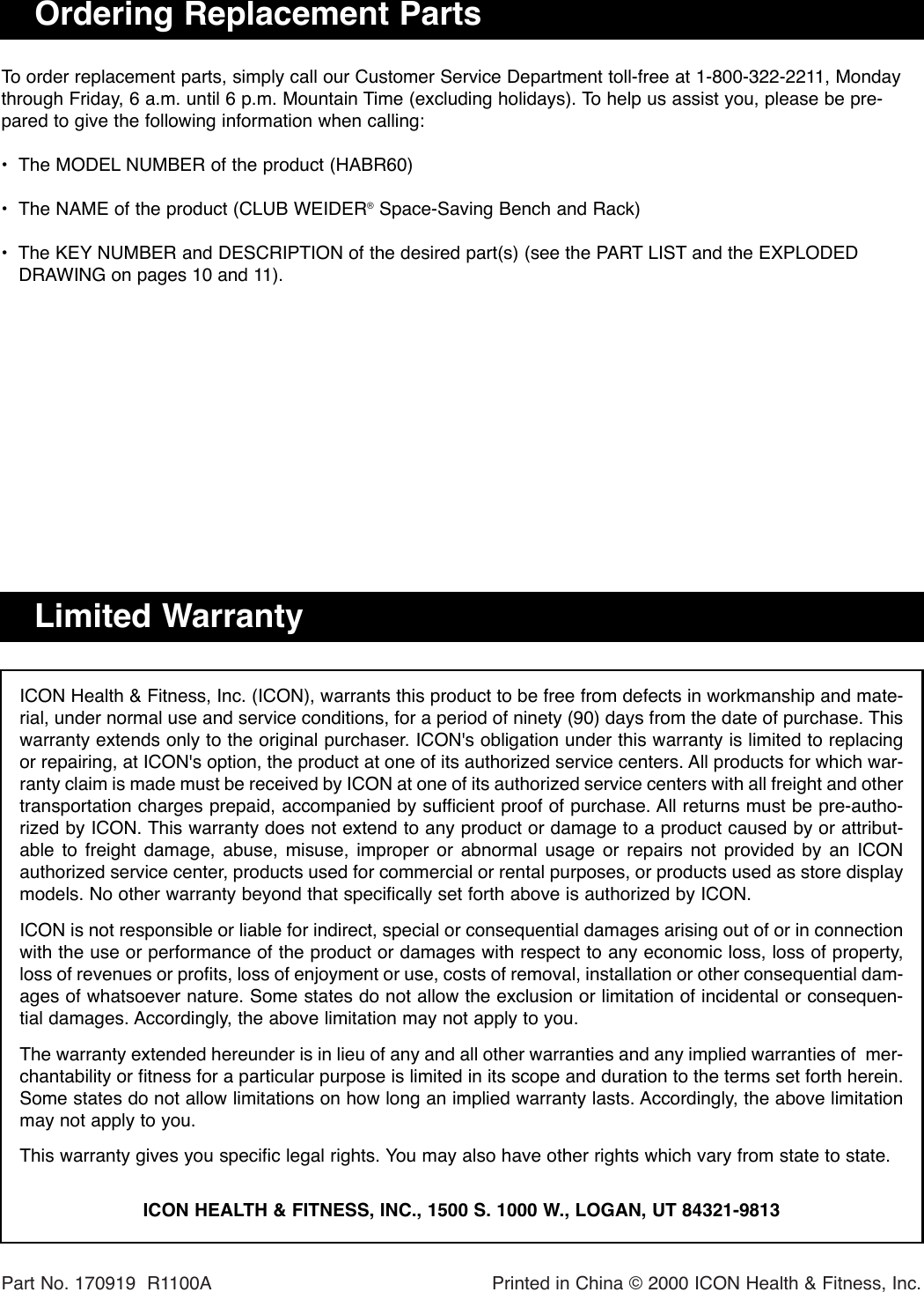 Page 12 of 12 - Weider Weider-Club-Bench-Rack-Habr60-Users-Manual- *HABR60-170919  Weider-club-bench-rack-habr60-users-manual