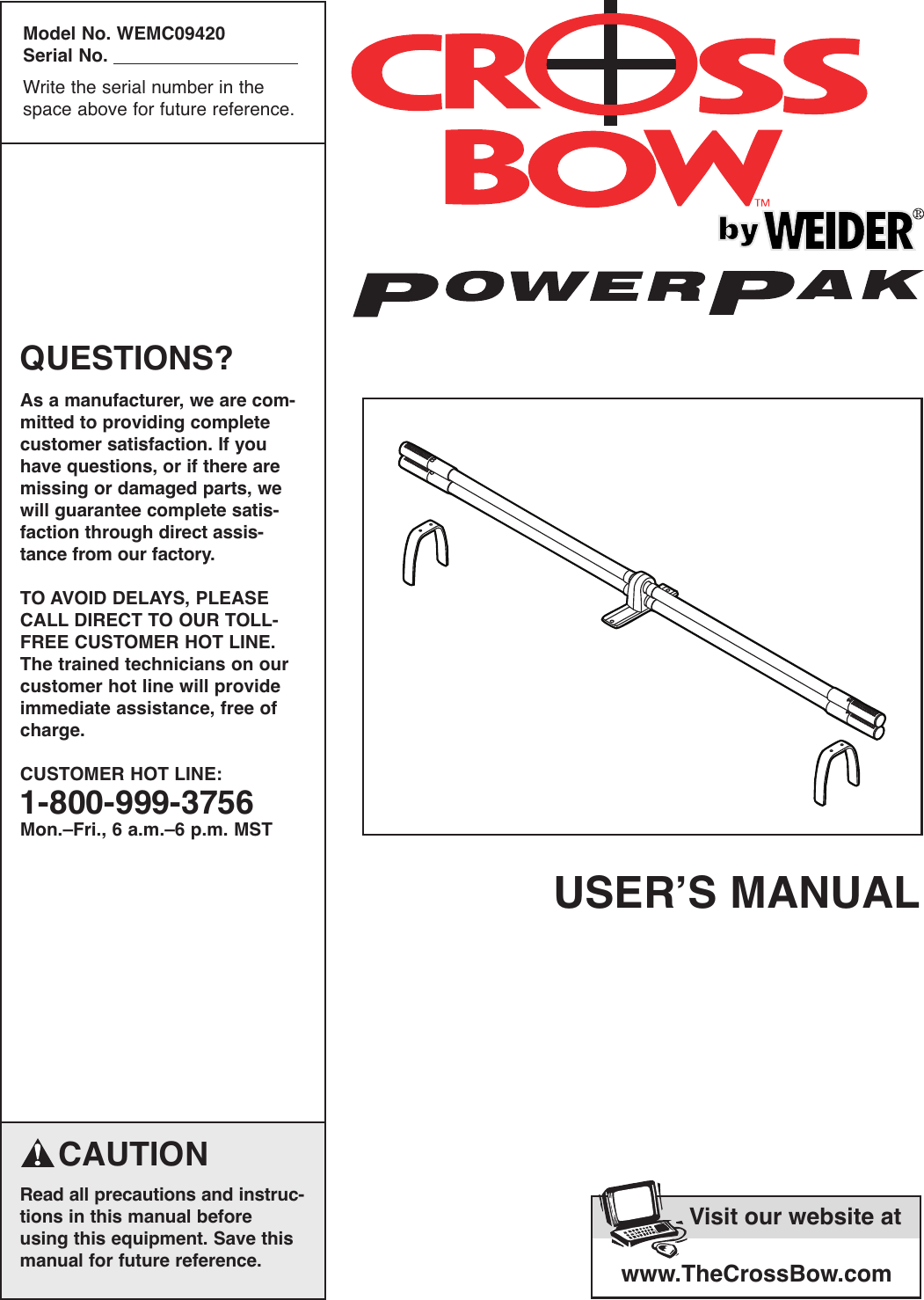 Weider Crossbar 200Lb Power Pack Wemc0942 Users Manual 285430