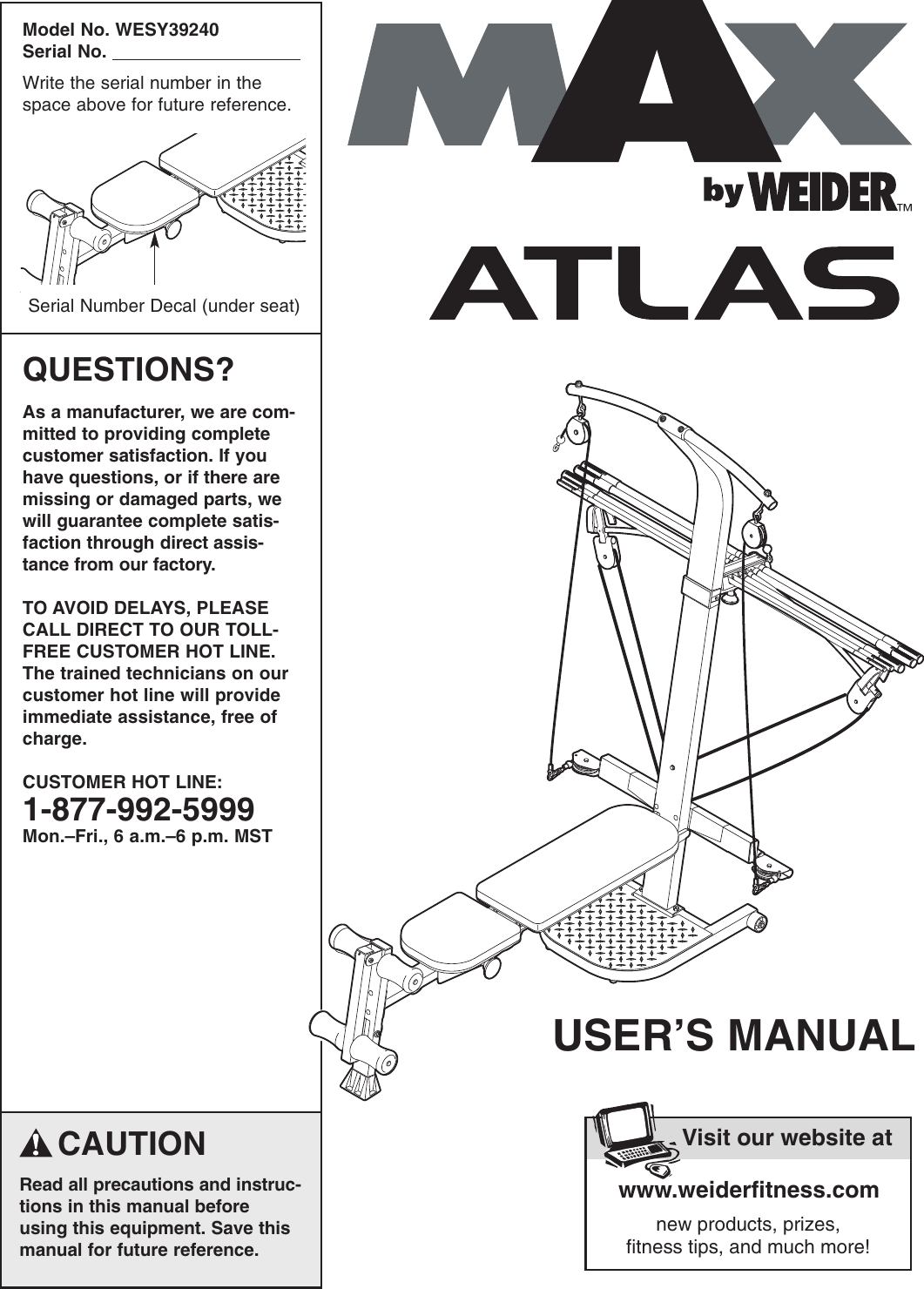 Weider Crossbar Atlas Wesy3924 Users Manual WESY39240 212817