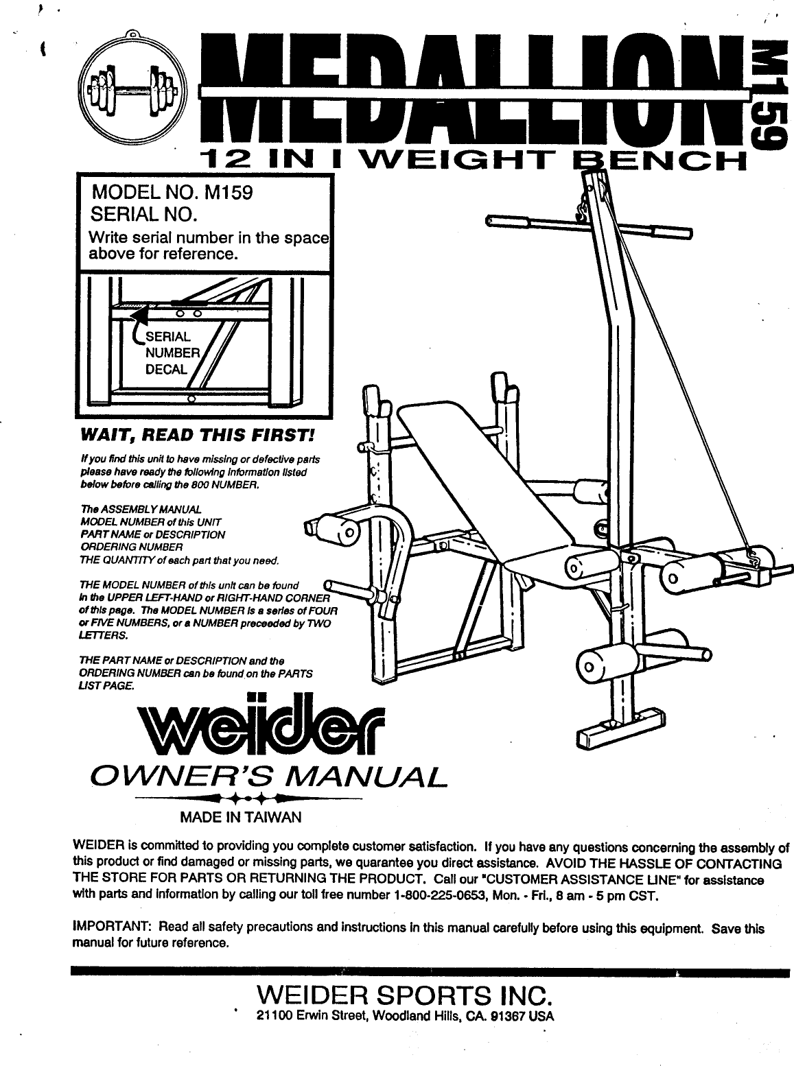 Page 1 of 8 - Weider Weider-Medallion-12-In-1-Bench-M159-Users-Manual-  Weider-medallion-12-in-1-bench-m159-users-manual