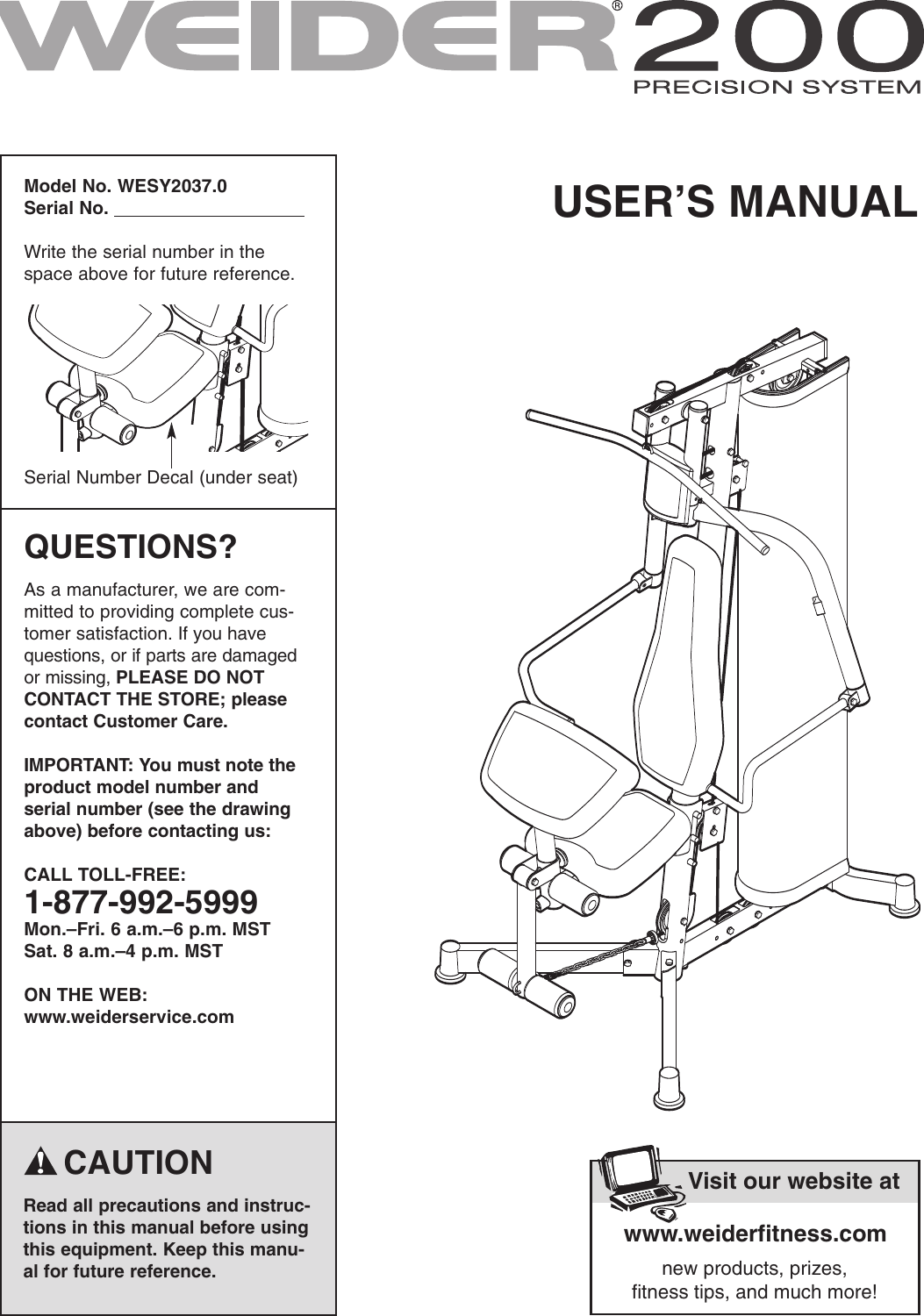 weider precision system 200 wesy2037 users manual wesy39240