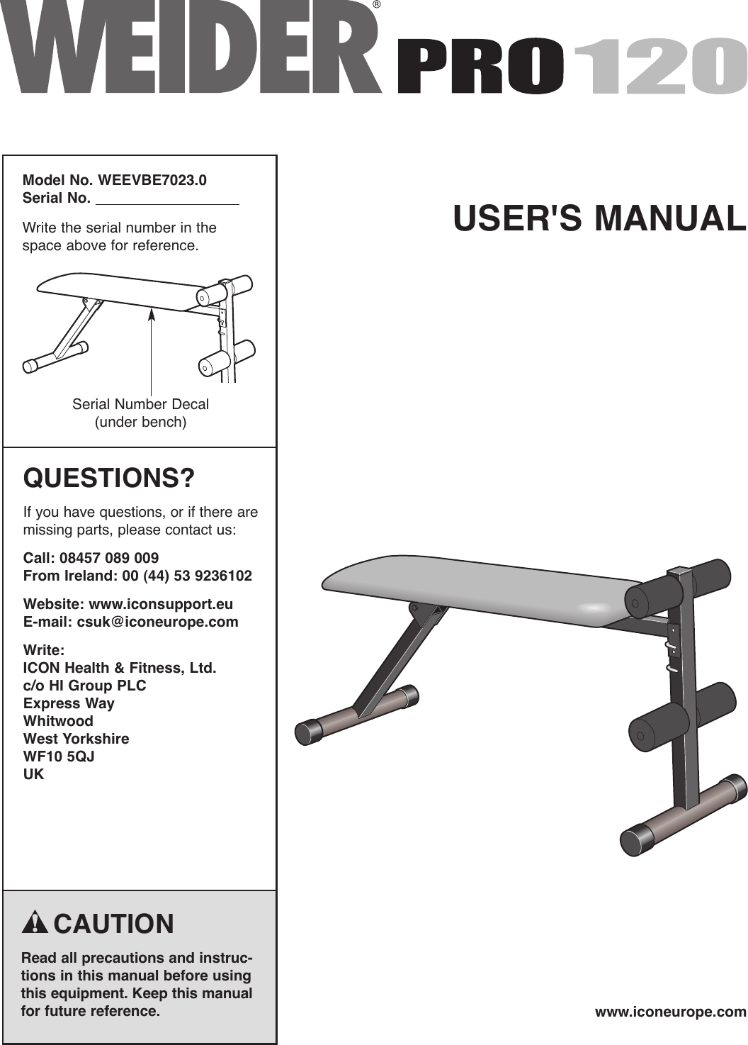Page 1 of 12 - Weider Weider-Pro-120-Bench-Weevbe7023-Users-Manual- *WEEVBE70230-197220(UK)  Weider-pro-120-bench-weevbe7023-users-manual